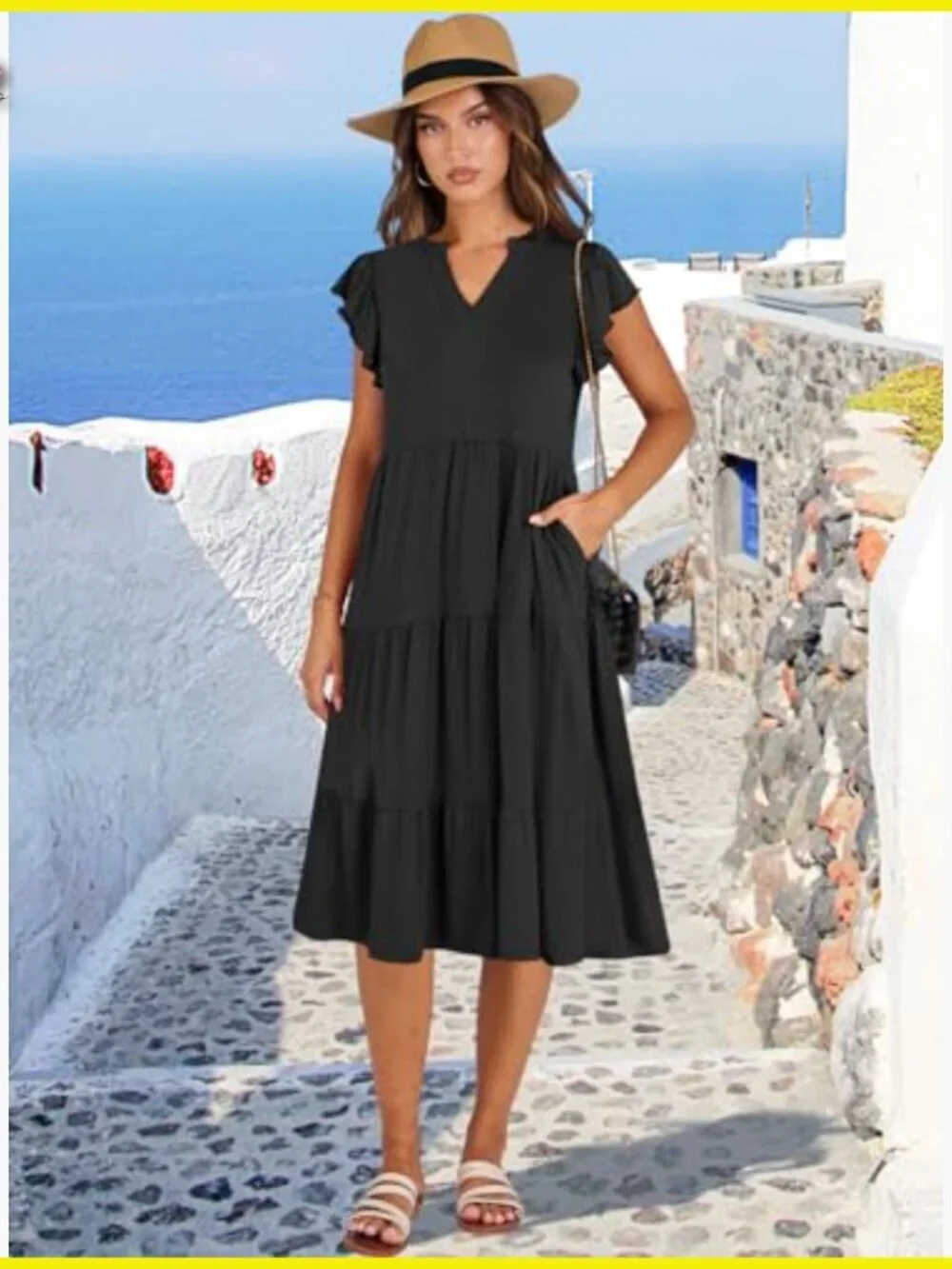 Ruffle Sleeve V Neck Midi Dress Boho Flowy Tiered Summer Casual Chic